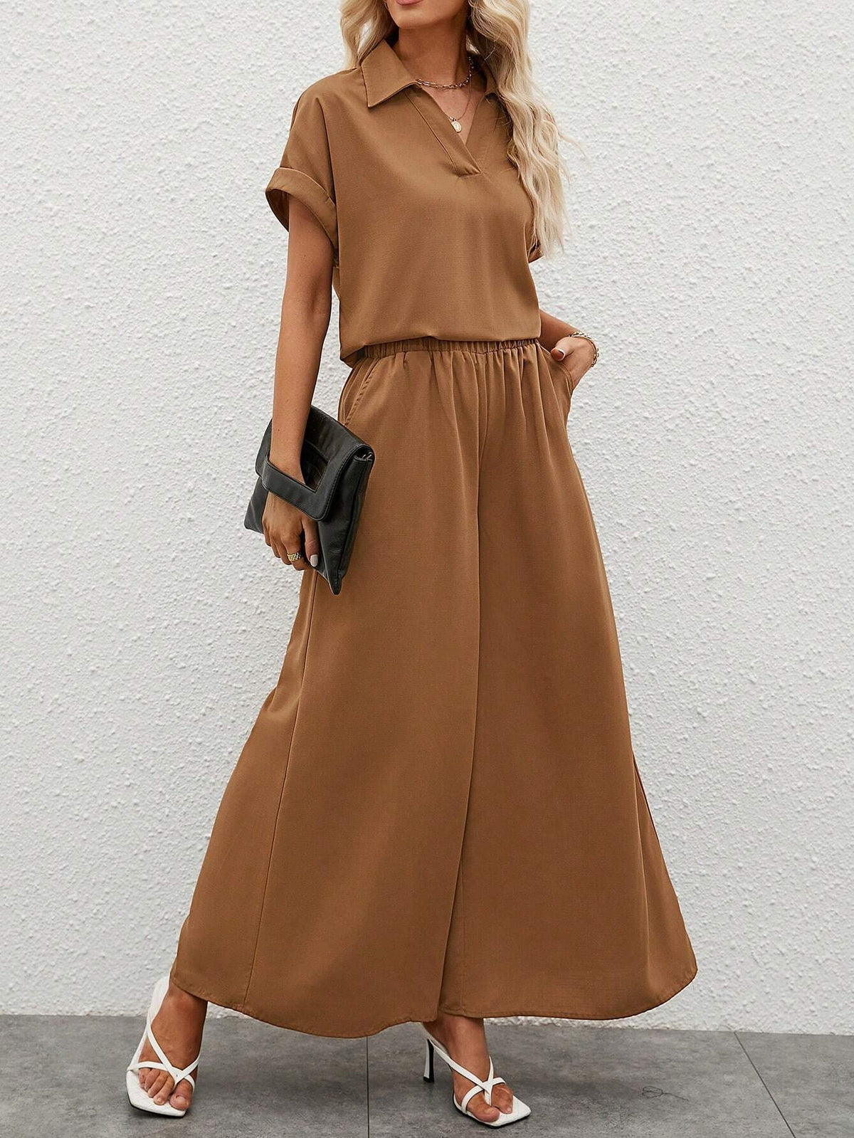 EMERY ROSE Solid Batwing Sleeve Blouse & Wide Leg Pants