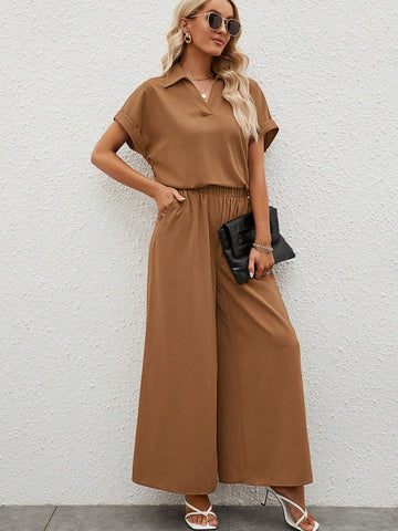 EMERY ROSE Solid Batwing Sleeve Blouse & Wide Leg Pants