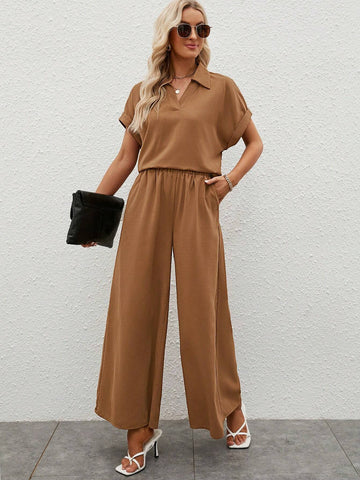 EMERY ROSE Solid Batwing Sleeve Blouse & Wide Leg Pants
