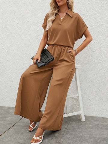 EMERY ROSE Solid Batwing Sleeve Blouse & Wide Leg Pants