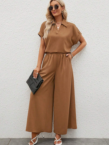 EMERY ROSE Solid Batwing Sleeve Blouse & Wide Leg Pants