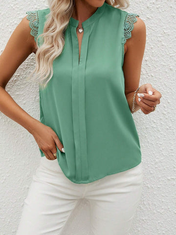 Guipure Lace Trim Notched Neckline Blouse