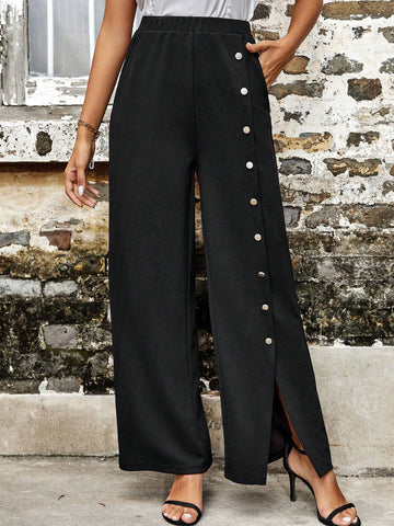 EMERY ROSE Button Detail Split Hem Wide Leg Pants