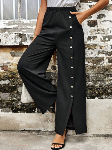 EMERY ROSE Button Detail Split Hem Wide Leg Pants