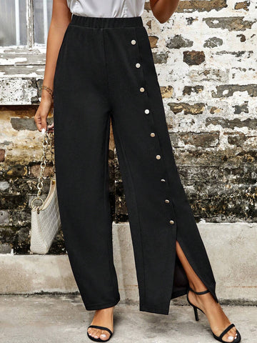 EMERY ROSE Button Detail Split Hem Wide Leg Pants