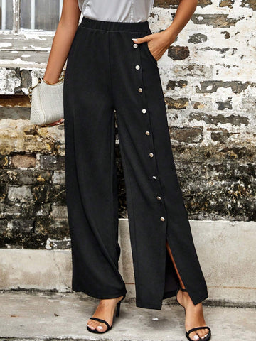 EMERY ROSE Button Detail Split Hem Wide Leg Pants