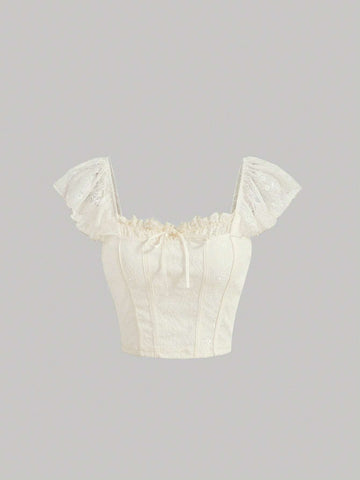 Solid Ruffle Trim Lace Crop Tee