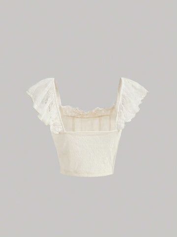 Solid Ruffle Trim Lace Crop Tee