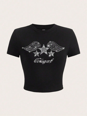 EZwear Letter & Wing Print Tee