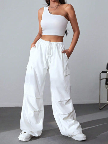 One Shoulder Crop Top & Drawstring Waist Flap Pocket Side Cargo Pants