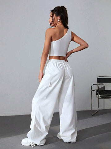 One Shoulder Crop Top & Drawstring Waist Flap Pocket Side Cargo Pants