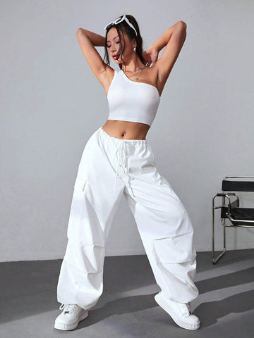 One Shoulder Crop Top & Drawstring Waist Flap Pocket Side Cargo Pants
