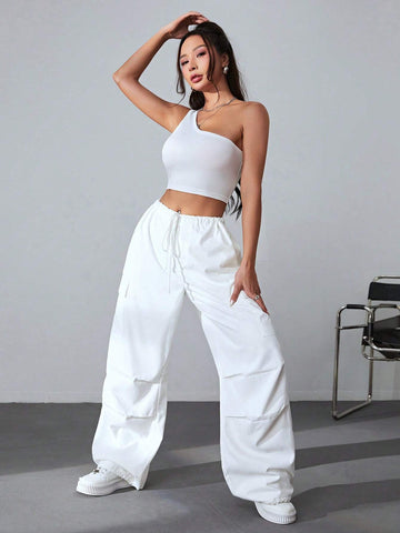 One Shoulder Crop Top & Drawstring Waist Flap Pocket Side Cargo Pants