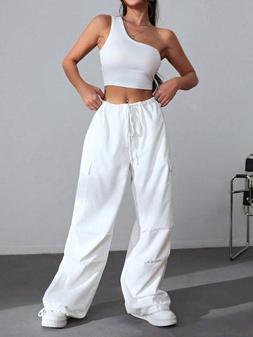 One Shoulder Crop Top & Drawstring Waist Flap Pocket Side Cargo Pants