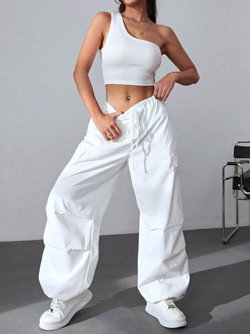 One Shoulder Crop Top & Drawstring Waist Flap Pocket Side Cargo Pants