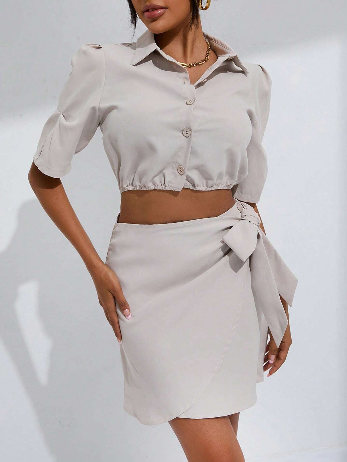 Solid Button Front Crop Blouse & Knot Side Wrap Skirt