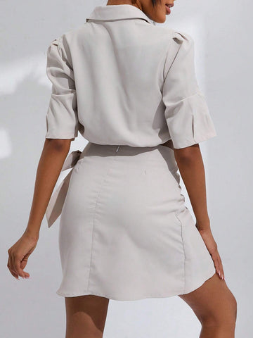 Solid Button Front Crop Blouse & Knot Side Wrap Skirt