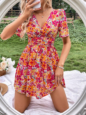 Floral Print Ruched Waist Dress