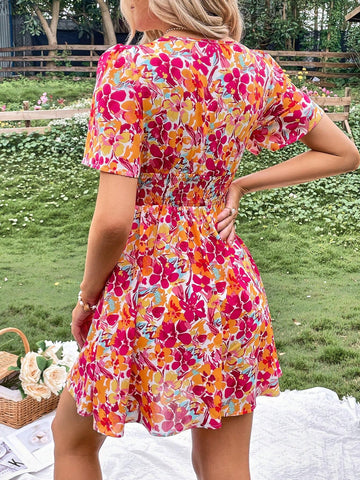 Floral Print Ruched Waist Dress