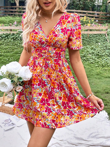 Floral Print Ruched Waist Dress