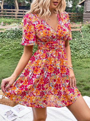 Floral Print Ruched Waist Dress