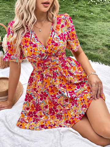 Floral Print Ruched Waist Dress