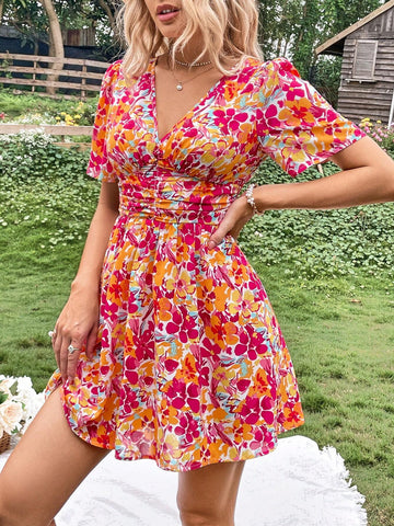 Floral Print Ruched Waist Dress