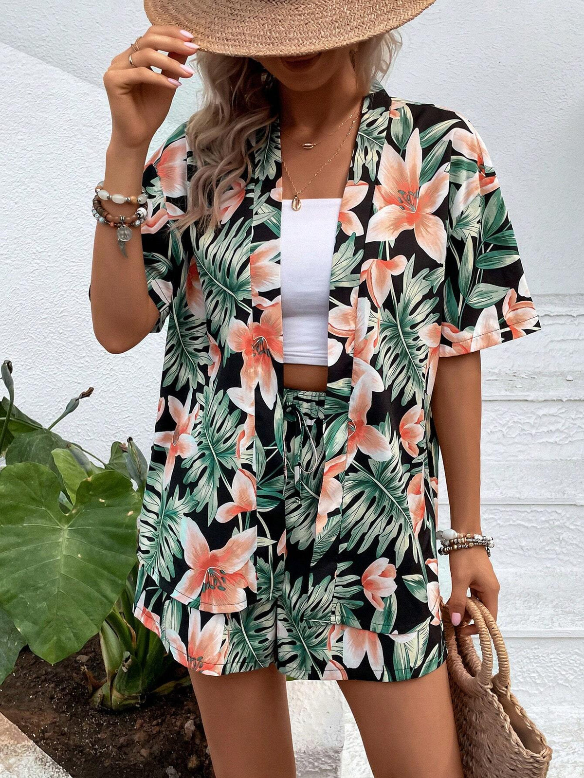 Tropical Print Drop Shoulder Kimono & Shorts Without Tube Top