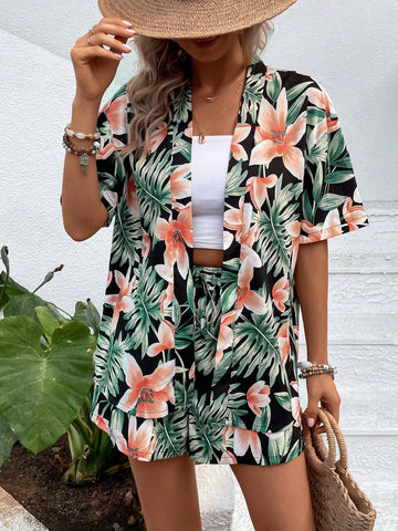 Tropical Print Drop Shoulder Kimono & Shorts Without Tube Top