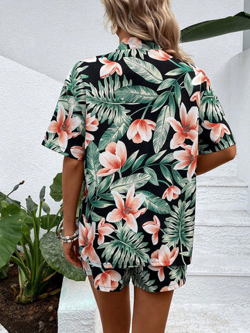 Tropical Print Drop Shoulder Kimono & Shorts Without Tube Top