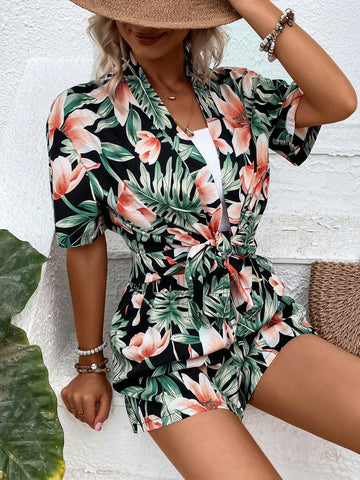 Tropical Print Drop Shoulder Kimono & Shorts Without Tube Top
