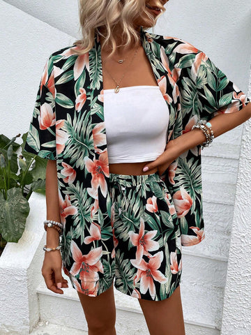 Tropical Print Drop Shoulder Kimono & Shorts Without Tube Top