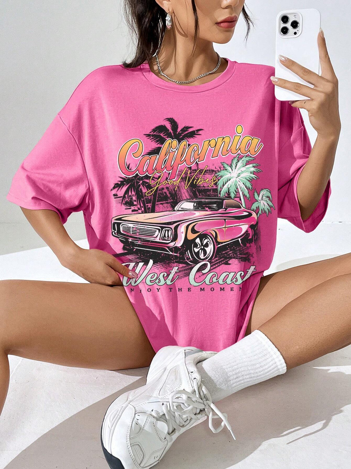 EZwear Car & Letter Graphic Drop Shoulder Tee