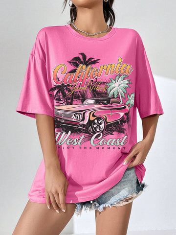 EZwear Car & Letter Graphic Drop Shoulder Tee