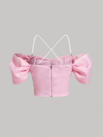 Cold Shoulder Bow Front Pearl Detail Blouse