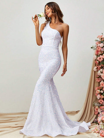 One Shoulder Mermaid Hem Sequin Formal Dress