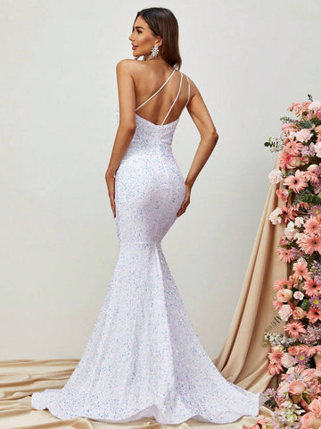 One Shoulder Mermaid Hem Sequin Formal Dress