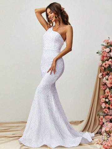 One Shoulder Mermaid Hem Sequin Formal Dress