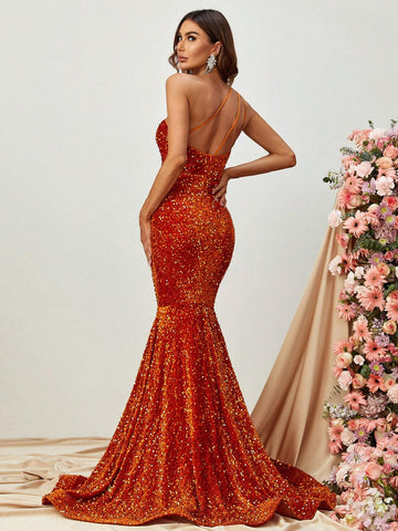 One Shoulder Mermaid Hem Sequin Formal Dress