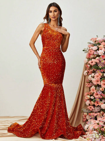 One Shoulder Mermaid Hem Sequin Formal Dress