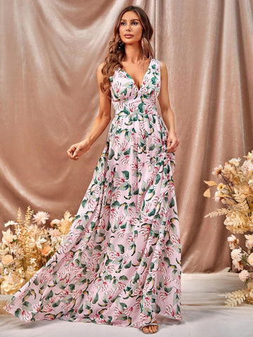 Floral Print Maxi Chiffon Bridesmaid Dress