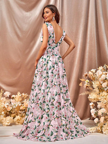 Floral Print Maxi Chiffon Bridesmaid Dress