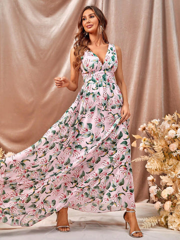 Floral Print Maxi Chiffon Bridesmaid Dress