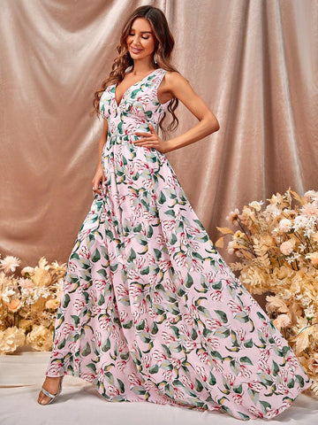 Floral Print Maxi Chiffon Bridesmaid Dress