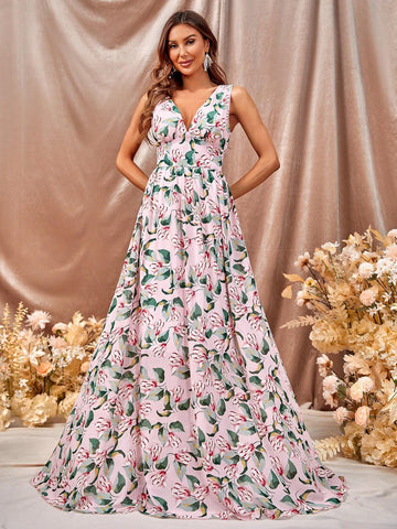 Floral Print Maxi Chiffon Bridesmaid Dress