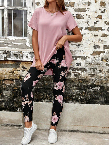 EMERY ROSE Solid Tee & Floral Print Leggings