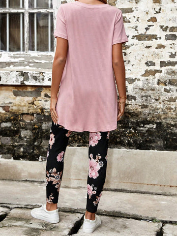 EMERY ROSE Solid Tee & Floral Print Leggings