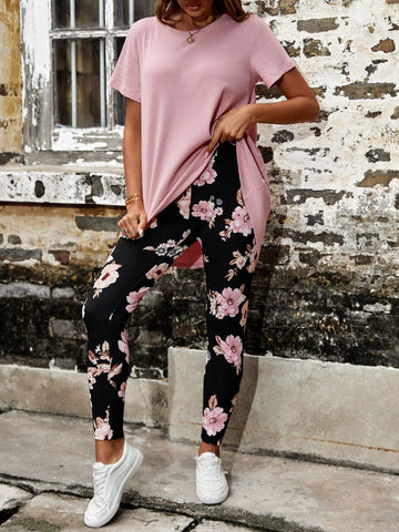 EMERY ROSE Solid Tee & Floral Print Leggings
