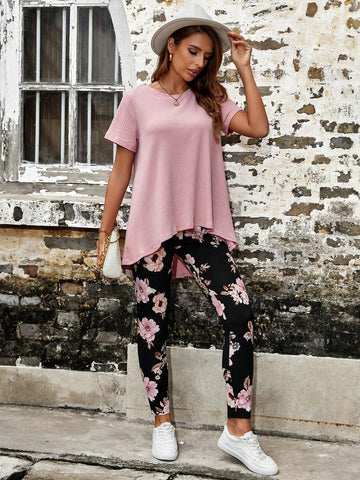 EMERY ROSE Solid Tee & Floral Print Leggings