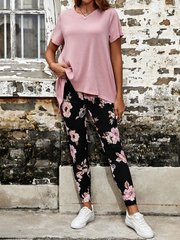 EMERY ROSE Solid Tee & Floral Print Leggings